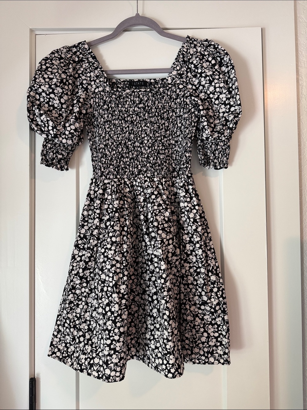 1. State Black & White Floral Smocked Puff-Sleeve Mini Dress